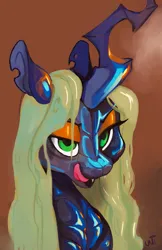 Size: 1711x2646 | Tagged: safe, artist:eiinhornis, edit, queen chrysalis, changeling, changeling queen, /mlp/, 4chan, bedroom eyes, bust, drawthread, fangs, female, image, jpeg, licking, licking lips, looking at you, open mouth, scales, shiny, signature, solo, tongue out