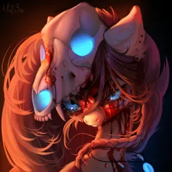 Size: 3000x3000 | Tagged: semi-grimdark, artist:unt3n, derpibooru import, oc, oc:ondrea, unofficial characters only, pony, blood, bust, cheek fluff, chest fluff, commission, ear fluff, ear tufts, eyelashes, female, high res, image, lighting, looking at you, mare, narrowed eyes, png, portrait, render, shading, signature, skull