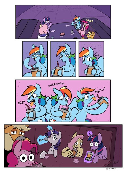 Size: 1697x2274 | Tagged: safe, artist:balileart, derpibooru import, applejack, fluttershy, pinkie pie, rainbow dash, rarity, twilight sparkle, twilight sparkle (alicorn), alicorn, earth pony, pegasus, pony, unicorn, cocktail glass, comic, drink, drinking, eye clipping through hair, eyebrows, eyebrows visible through hair, female, horn, image, jpeg, laughing, magic, mane six, mare, mug, restaurant, sitting, straw, table, telekinesis, wing hands, wings