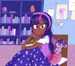 Size: 2003x1759 | Tagged: safe, artist:fluttereinites, derpibooru import, twilight sparkle, twilight sparkle (alicorn), alicorn, human, pony, bed, blackwashing, blanket, book, bookshelf, clothes, dark skin, female, hairband, humanized, image, jpeg, mare, plushie, poster, shirt, skirt, solo, sweater vest, twiabetes