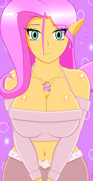 Size: 1057x2048 | Tagged: suggestive, artist:arian-jl, derpibooru import, fluttershy, anthro, human, g4, anime, belly, belly button, big breasts, breasts, busty fluttershy, cleavage, cute, ear piercing, earring, elf ears, fanart, harmony, humanized, image, jewelry, looking at you, midriff, my little pony, my sexy anthro, necklace, piercing, png, sexy, solo