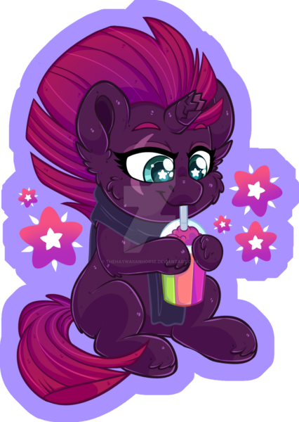 Size: 1280x1801 | Tagged: safe, artist:missbramblemele, derpibooru import, tempest shadow, pony, clothes, deviantart watermark, drink, image, obtrusive watermark, png, scarf, smoothie, solo, watermark