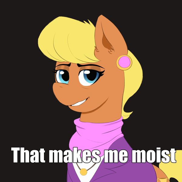 Size: 1500x1500 | Tagged: safe, artist:lillslim, derpibooru import, ms. harshwhinny, earth pony, pony, g4, bedroom eyes, bust, clothes, drawthread, ear fluff, ear piercing, earring, eyebrows, image, impact font, jewelry, looking at you, meme, piercing, png, portrait, requested art, smiling, smiling at you, text, that makes me moist