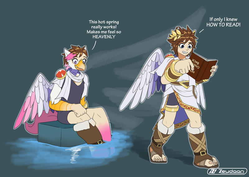 Size: 2609x1857 | Tagged: safe, artist:zeydaan, derpibooru import, oc, oc:foxxy hooves, anthro, hippogriff, human, angel, book, character to character, female, female to male, hippogriff oc, hot springs, human female, image, kid icarus, pit (kid icarus), png, rule 63, sitting, transformation, transformation sequence, transgender transformation