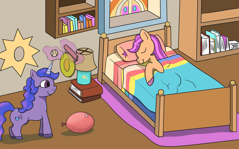 Size: 1920x1200 | Tagged: safe, artist:addelum, derpibooru import, izzy moonbow, sunny starscout, earth pony, pony, unicorn, g5, balloon, baseball, bed, blanket, book, bookshelf, duo, duo female, female, gong, happy, horn, image, lamp, levitation, magic, mare, pillow, png, sleeping, smiling, sports, telekinesis, unshorn fetlocks, waking up