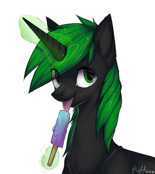 Size: 944x1059 | Tagged: safe, artist:enjaadjital, derpibooru import, oc, oc:soft spring, unofficial characters only, pony, unicorn, bust, eye clipping through hair, female, female oc, glow, glowing horn, horn, image, jpeg, licking, looking away, looking up, magic, mare, mare oc, simple background, solo, telekinesis, tongue out, unicorn oc, white background