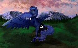 Size: 3508x2172 | Tagged: safe, artist:egyptian, derpibooru import, edit, princess luna, alicorn, pony, grass, image, png, sfw edit, solo, sunset, trail, wings