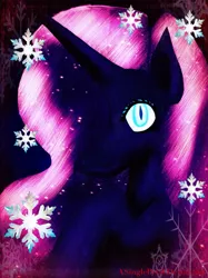 Size: 1024x1366 | Tagged: safe, artist:asinglepetal, derpibooru import, nightmare rarity, pony, unicorn, ethereal mane, gradient background, hearth's warming, horn, image, jpeg, procreate app, slit pupils, snow, snowflake, solo, starry mane, stars, watermark, wavy mane, winter