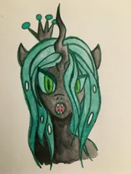 Size: 3024x4032 | Tagged: safe, artist:anonymous, queen chrysalis, changeling, changeling queen, /mlp/, 4chan, bust, drawthread, fangs, female, human shoulders, image, jpeg, looking at you, open mouth, portrait, slit eyes, solo, traditional art