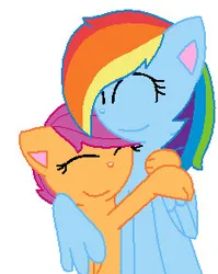 Size: 232x291 | Tagged: safe, artist:imtailsthefoxfan, derpibooru import, rainbow dash, scootaloo, cat, pegasus, pony, ^^, catified, cute, cutealoo, daaaaaaaaaaaw, dashabetes, duo, eyes closed, female, filly, foal, heartwarming, hug, image, jpeg, mare, scootalove, siblings, sisters, smiling, species swap, wholesome, winghug, wings