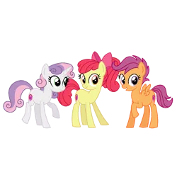 Size: 1068x1068 | Tagged: safe, artist:dazzle, derpibooru import, apple bloom, scootaloo, sweetie belle, earth pony, pegasus, pony, unicorn, g4, bow, cutie mark, cutie mark crusaders, female, hair bow, image, looking at you, older, png, ponytail, simple background, teenager, the cmc's cutie marks, transparent background, trio