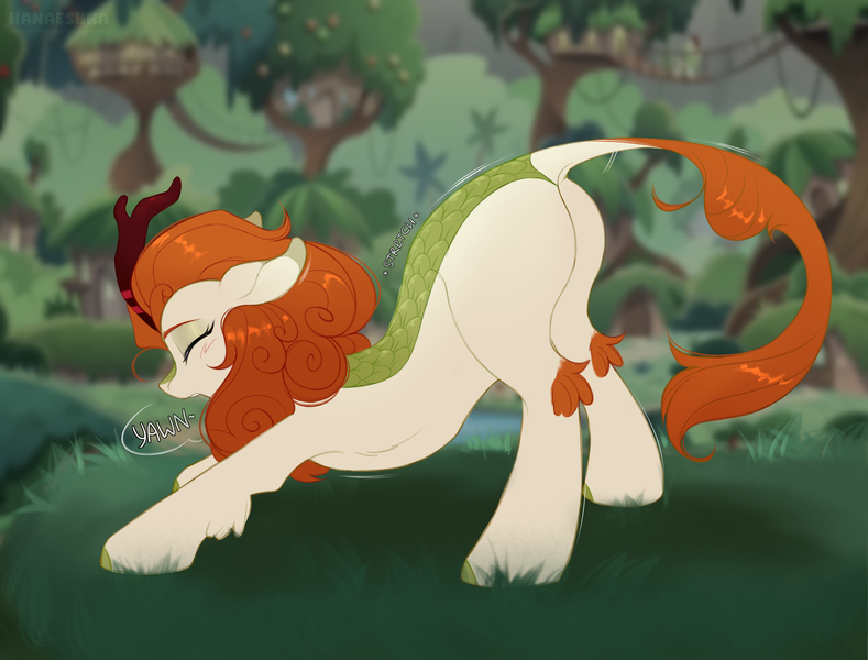 Size: 3425x2604 | Tagged: safe, artist:kanaeshka, derpibooru import, autumn blaze, kirin, g4, sounds of silence, blurry background, bridge, butt, cute, drool, drool string, eyes closed, fanart, female, floppy ears, grass, hill, image, kirin village, leaning forward, long tail, morning, png, ropes, sleepy, solo, solo female, stretching, tail, tree, yawn