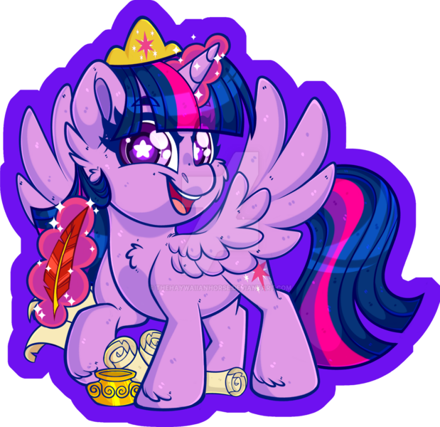 Size: 1600x1551 | Tagged: safe, artist:missbramblemele, derpibooru import, twilight sparkle, twilight sparkle (alicorn), alicorn, pony, chibi, deviantart watermark, image, magic, obtrusive watermark, open mouth, open smile, partially transparent background, png, quill, scroll, smiling, solo, spread wings, watermark, wings