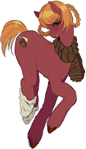 Size: 1192x2048 | Tagged: safe, artist:parasiteco, ponerpics import, oc, oc:foxwhelp, unofficial characters only, earth pony, pony, blushing, braid, brown eyes, brown scarf, clothes, cutie mark, ginger mane, hazel eyes, image, jpeg, photo, red coat, red fur, scarf, shy face, shy look, simple background, socks, solo