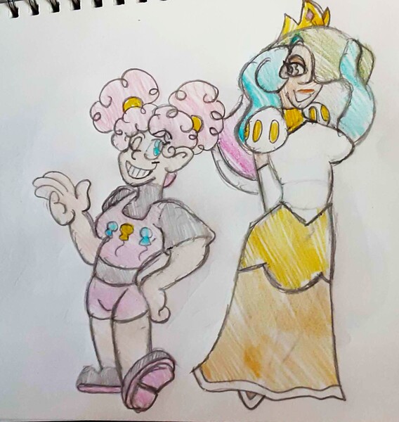 Size: 1544x1631 | Tagged: safe, artist:midday sun, derpibooru import, pinkie pie, princess celestia, human, clothes, crown, cutie mark, cutie mark on clothes, dress, humanized, image, jewelry, jpeg, one eye closed, regalia, shirt, shoes, shorts, traditional art, undershirt, wink