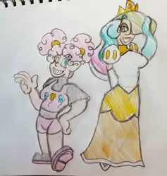 Size: 1544x1631 | Tagged: safe, artist:midday sun, derpibooru import, pinkie pie, princess celestia, human, clothes, crown, cutie mark, cutie mark on clothes, dress, humanized, image, jewelry, jpeg, one eye closed, regalia, shirt, shoes, shorts, traditional art, undershirt, wink