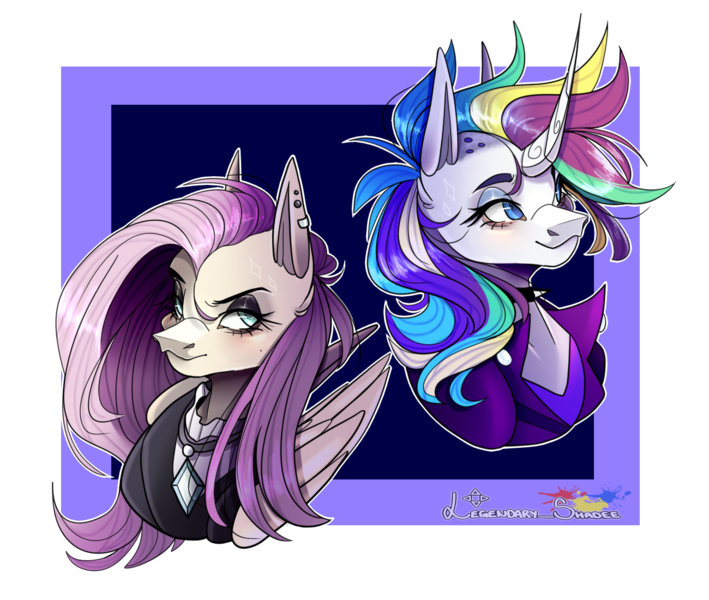 Size: 1300x1100 | Tagged: safe, artist:legendaryshadee, derpibooru import, fluttershy, rarity, pony, alternate hairstyle, bust, fluttergoth, image, png, portrait, punk, raripunk, solo