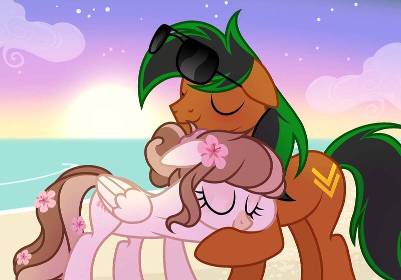 Size: 1743x1220 | Tagged: safe, artist:cstrawberrymilk, derpibooru import, oc, oc:patutu, oc:strawberry milk, unofficial characters only, earth pony, pegasus, pony, beach, female, hug, image, jpeg, male, mare, stallion, sunglasses