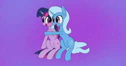 Size: 4096x2160 | Tagged: safe, artist:suryfromheaven, derpibooru import, trixie, twilight sparkle, pony, unicorn, blushing, cutie mark, female, happy, horn, hug, image, lesbian, looking at each other, looking at someone, mare, open mouth, open smile, png, shipping, smiling, sparkles, starry background, twixie, unicorn twilight