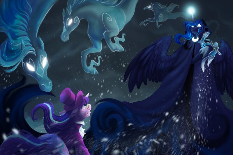 Size: 2048x1365 | Tagged: safe, artist:owl_clare, derpibooru import, princess luna, starlight glimmer, alicorn, pony, unicorn, windigo, a hearth's warming tail, g4, cloak, clothes, female, glow, glowing eyes, glowing horn, gritted teeth, hat, hoof shoes, horn, image, jpeg, luna's future, mare, scene interpretation, teeth, top hat