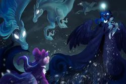 Size: 2048x1365 | Tagged: safe, artist:owl_clare, derpibooru import, princess luna, starlight glimmer, alicorn, pony, unicorn, windigo, a hearth's warming tail, g4, cloak, clothes, female, glow, glowing eyes, glowing horn, gritted teeth, hat, hoof shoes, horn, image, jpeg, luna's future, mare, scene interpretation, teeth, top hat