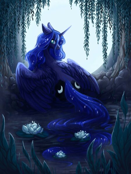 Size: 1417x1889 | Tagged: safe, artist:owl_clare, derpibooru import, princess luna, alicorn, pony, g4, female, flower, full moon, image, jpeg, lily (flower), lilypad, looking at you, looking back, looking back at you, lying down, mare, moon, night, prone, solo, spread wings, water, wings