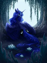 Size: 1417x1889 | Tagged: safe, artist:owl_clare, derpibooru import, princess luna, alicorn, pony, g4, female, flower, full moon, image, jpeg, lily (flower), lilypad, looking at you, looking back, looking back at you, lying down, mare, moon, night, prone, solo, spread wings, water, wings