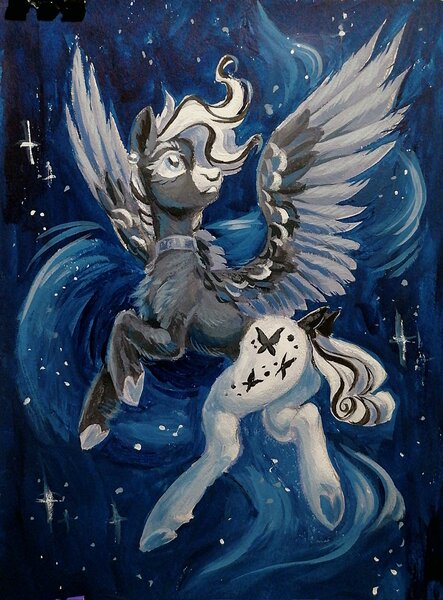 Size: 1513x2048 | Tagged: safe, artist:owl_clare, derpibooru import, oc, unofficial characters only, pegasus, pony, bow, chest fluff, choker, concave belly, ear piercing, earring, female, flying, gouache, hair over one eye, image, jewelry, jpeg, mare, piercing, solo, spread wings, stars, tail, tail bow, traditional art, wings