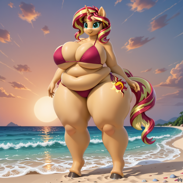 Size: 1024x1024 | Tagged: safe, ai content, derpibooru import, machine learning generated, stable diffusion, sunset shimmer, anthro, unguligrade anthro, unicorn, g4, bbw, beach, belly, belly button, bikini, breasts, busty sunset shimmer, clothes, derpibooru exclusive, fat, female, horn, image, obese, outdoors, png, prompter:professordoctorc, rolls of fat, solo, solo female, swimsuit, thighs, thunder thighs, wide hips