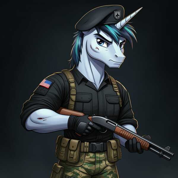 Size: 1024x1024 | Tagged: safe, ai content, derpibooru import, generator:google imagen 3.0, machine learning generated, prompter:zerowinger, shining armor, anthro, unicorn, beret, clothes, cosplay, costume, fatigues, flint, g.i. joe, gloves, gradient background, gun, hat, horn, image, jpeg, male, shotgun, solo, weapon