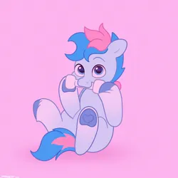 Size: 2480x2480 | Tagged: safe, artist:starburstuwu, derpibooru import, oc, oc:blue chewings, unofficial characters only, earth pony, pony, chew toy, gift art, gradient legs, high res, hoof heart, image, jpeg, looking at you, male, mouth hold, pink background, simple background, sitting, smiling, smiling at you, solo, stallion, underhoof