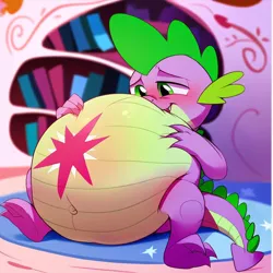 Size: 1024x1024 | Tagged: suggestive, ai content, derpibooru import, machine learning generated, prompter:aifreak, stable diffusion, spike, dragon, absorption, belly, belly button, cutie mark tattoo, digestion, generator:purplesmart.ai, golden oaks library, image, implied twilight sparkle, jpeg, library, male, post-vore, stomach, tattoo, vore