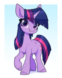 Size: 1653x2072 | Tagged: safe, artist:aquaticvibes, derpibooru import, twilight sparkle, pony, unicorn, female, grin, horn, image, mare, png, raised hoof, sharp horn, smiling, solo, unicorn twilight