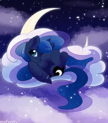 Size: 1500x1700 | Tagged: safe, artist:maravor, derpibooru import, princess luna, alicorn, pony, g4, cloud, constellation hair, crescent moon, ethereal mane, female, image, lying down, mare, moon, night, night sky, on back, png, sky, solo, starry mane, stars, tangible heavenly object