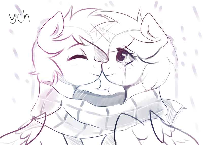 Size: 3500x2500 | Tagged: safe, derpibooru import, oc, alicorn, earth pony, pegasus, pony, unicorn, clothes, commission, couple, duo, horn, image, png, scarf, shared clothing, shared scarf, ych sketch, your character here