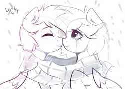 Size: 3500x2500 | Tagged: safe, derpibooru import, oc, alicorn, earth pony, pegasus, pony, unicorn, clothes, commission, couple, duo, horn, image, png, scarf, shared clothing, shared scarf, ych sketch, your character here