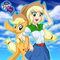 Size: 750x750 | Tagged: safe, artist:uotapo, color edit, derpibooru import, edit, editor:overlord 2, applejack, earth pony, human, pony, colored, cowboy hat, cute, hat, human coloration, image, jpeg, light skin, skin color edit