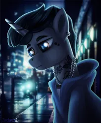 Size: 1174x1431 | Tagged: safe, artist:blankedsoul, derpibooru import, oc, unofficial characters only, unicorn, city, clothes, ear piercing, earring, gray coat, hoodie, horn, image, jewelry, necklace, piercing, png, solo, streetlight, tattoo