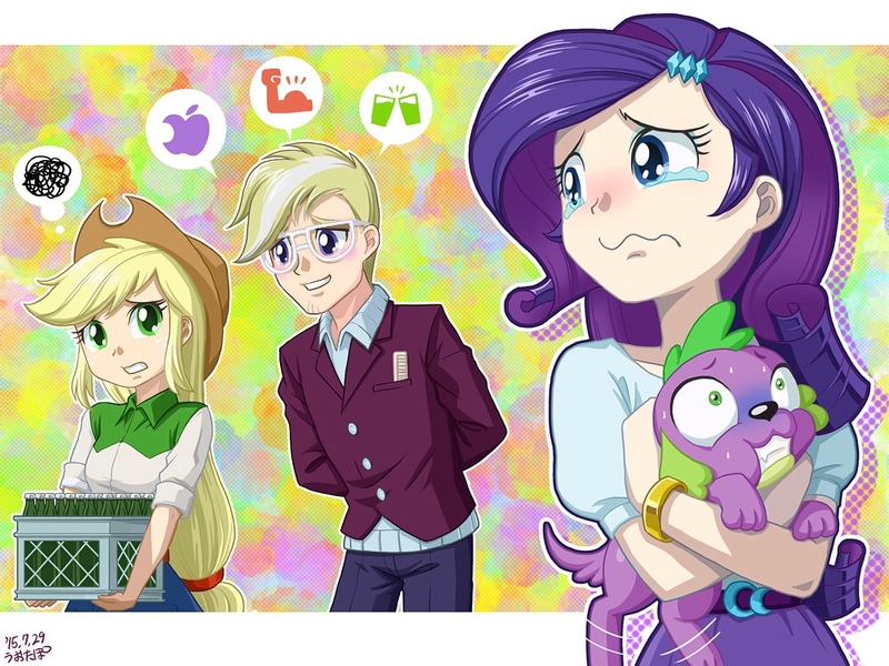 Size: 1000x750 | Tagged: safe, artist:uotapo, color edit, derpibooru import, edit, editor:overlord 2, applejack, rarity, spike, trenderhoof, dog, human, equestria girls, g4, choking, clothes, colored, crystal prep academy uniform, image, jpeg, light skin, school uniform, skin color edit, spike the dog