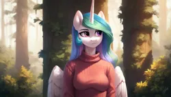 Size: 5120x2880 | Tagged: prompter needed, source needed, safe, ai content, derpibooru import, machine learning generated, stable diffusion, princess celestia, anthro, clothes, forest, generator:pony diffusion v6 xl, image, looking away, nature, outdoors, png, sweater, tree