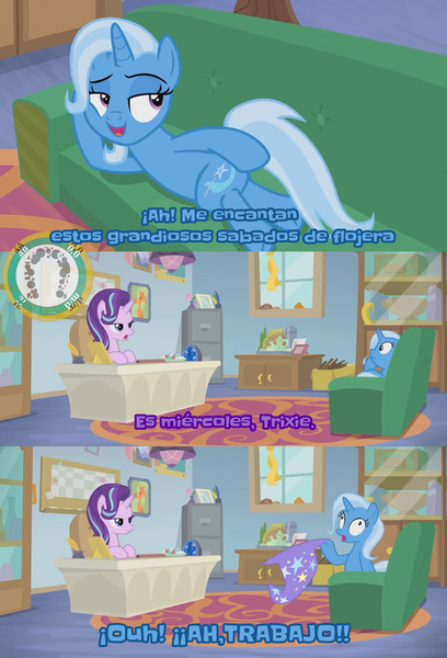 Size: 2001x2942 | Tagged: safe, derpibooru import, edit, edited screencap, editor:moonlightshadows, screencap, starlight glimmer, trixie, pony, unicorn, g4, road to friendship, butt touch, carpet, ceiling light, clothes, coach, desk, female, funny, hat, head on hoof, hoof on butt, hooves on the table, horn, image, jpeg, mare, panicking, reference to another series, resting, school of friendship, shrunken pupils, spanish, text edit, trixie's hat, unamused, watermark, window