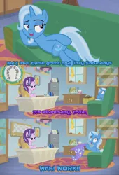 Size: 2001x2942 | Tagged: safe, derpibooru import, edit, edited screencap, editor:moonlightshadows, screencap, starlight glimmer, trixie, pony, unicorn, g4, road to friendship, butt touch, carpet, ceiling light, clothes, coach, desk, female, funny, hat, head on hoof, hoof on butt, hooves on the table, horn, image, jpeg, mare, panicking, reference to another series, resting, school of friendship, shrunken pupils, text edit, trixie's hat, unamused, watermark, window