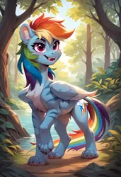 Size: 800x1169 | Tagged: safe, ai content, derpibooru import, machine learning generated, prompter:gregorymars, stable diffusion, rainbow dash, big cat, original species, pegasus, tiger, g4, fangs, female, folded wings, furrified, generator:pony diffusion v6 xl, image, jpeg, open mouth, open smile, paws, smiling, solo, species swap, tiger pony, wings