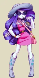 Size: 1514x2997 | Tagged: safe, artist:shadowhawx, derpibooru import, rarity, human, equestria girls, g4, beige background, belt, belt buckle, boots, bubble tea, clothes, cutie mark, cutie mark on clothes, dress, drink, drinking, drinking straw, female, gem, hand on hip, hat, high heel boots, high res, image, jewelry, knee-high boots, necklace, no catchlights, png, purse, shoes, simple background, solo, standing, sun hat, sunglasses, tan background