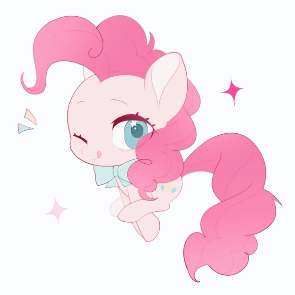 Size: 3307x3307 | Tagged: safe, artist:tingfengshengshunjian, derpibooru import, pinkie pie, earth pony, pony, g4, :p, blue bow, blue eyes, bowtie, chibi, cute, diapinkes, female, full body, image, jpeg, licking, licking lips, mare, necktie, one eye closed, pink coat, pink mane, pink tail, simple background, smiling, solo, sparkles, tail, tongue out, white background, wink