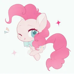 Size: 3307x3307 | Tagged: safe, artist:tingfengshengshunjian, derpibooru import, pinkie pie, earth pony, pony, g4, :p, blue bow, blue eyes, bowtie, chibi, cute, diapinkes, female, full body, image, jpeg, licking, licking lips, mare, necktie, one eye closed, pink coat, pink mane, pink tail, simple background, smiling, solo, sparkles, tail, tongue out, white background, wink