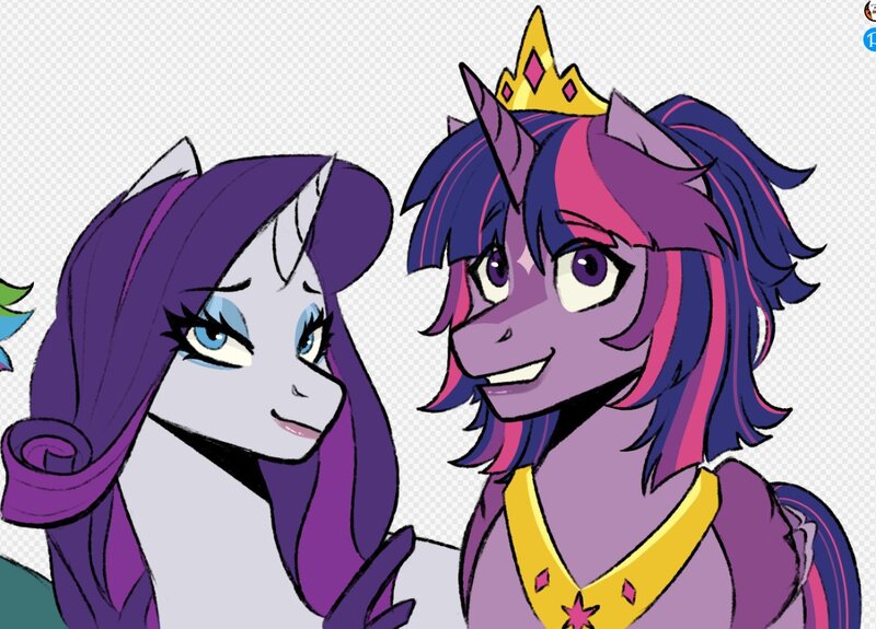 Size: 1173x843 | Tagged: safe, artist:slapearl, derpibooru import, rarity, twilight sparkle, alicorn, pony, unicorn, alternate design, bust, duo, duo female, female, front view, golden tiara, grin, horn, image, jewelry, jpeg, lips, narrowed eyes, purple coat, purple mane, purple tail, smiling, tail, tiara