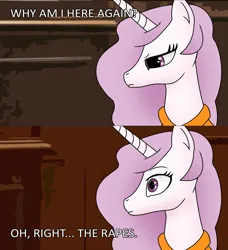 Size: 2000x2194 | Tagged: safe, artist:anonymousandrei, derpibooru import, princess celestia, alicorn, pony, princess molestia, g4, clothes, courtroom, derpibooru exclusive, female, horn, image, implied rape, jpeg, mare, meme, ponified meme, prison outfit