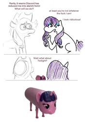 Size: 838x1200 | Tagged: safe, artist:falloutfurret, derpibooru import, applejack, rarity, twilight sparkle, earth pony, pony, unicorn, g4, bootleg, comic, dialogue, female, horn, image, implied discord, jpeg, mare, simple background, sketch, trio, trio female, water bottle, white background