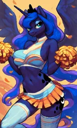 Size: 1536x2560 | Tagged: suggestive, ai content, derpibooru import, machine learning generated, prompter:krivovyaz, stable diffusion, princess luna, alicorn, anthro, g4, belly, belly button, big breasts, breasts, busty princess luna, cheerleader, cheerleader outfit, clothes, crown, falling leaves, female, generator:pony diffusion v6 xl, image, jewelry, leaves, looking at you, png, regalia, simple background, smiling, smiling at you, socks, solo, solo female, spread wings, stockings, tail, thigh highs, wings